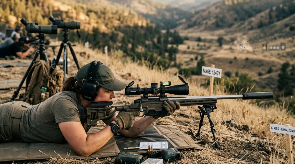 Precision rifle shooter at a PRS competition stage engaging steel targets at distance showing the importance of shot calling over maximum caliber size