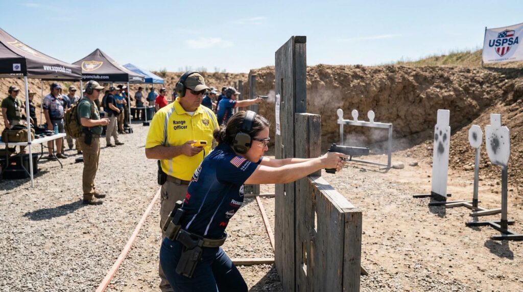 Competitive shooter engaging steel targets at a USPSA match while a range officer monitors with a shot timer