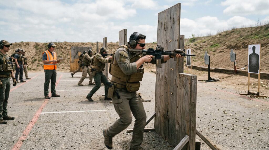 Shooter practicing dynamic tactical drills with a rifle from behind a barricade at an outdoor training facility