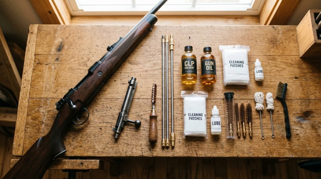 Firearm cleaning kit with patches, bore brush, and solvent laid out next to a disassembled bolt action rifle