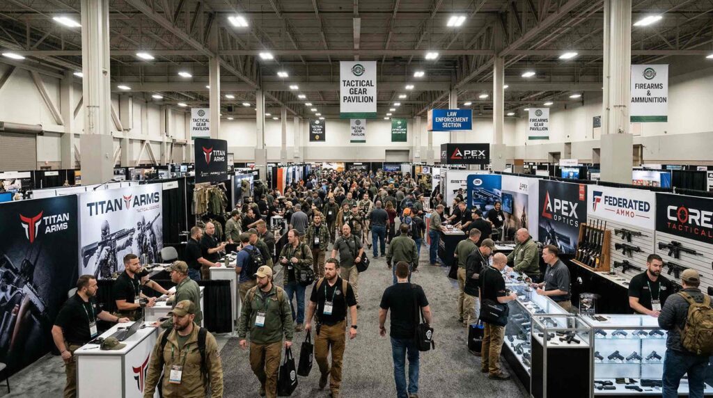 Crowded firearms industry trade show floor with exhibitor booths, product displays, and attendees at a major convention