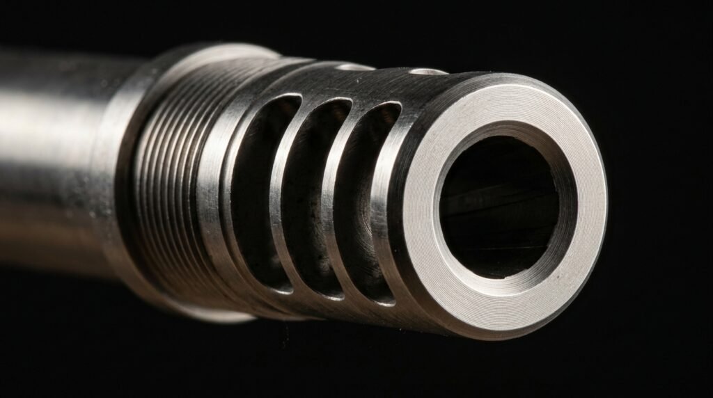 Close-up of a threaded muzzle brake on a precision rifle barrel showing bore diameter and port geometry