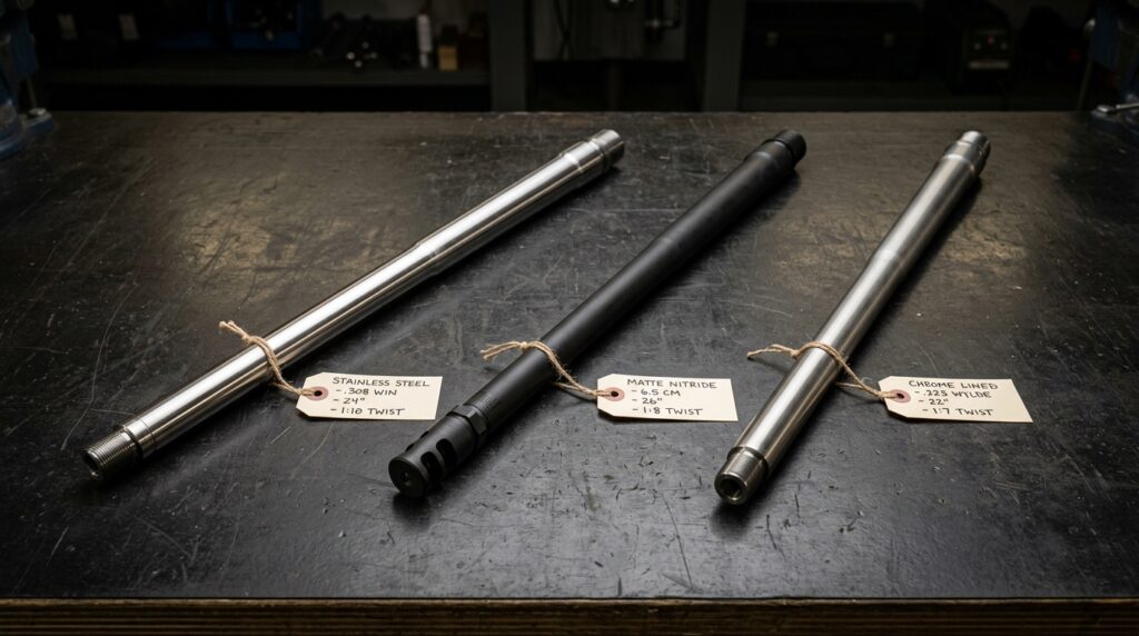 Three rifle barrels side by side showing stainless steel, nitride treated, and chrome lined barrel finishes with different surface appearances