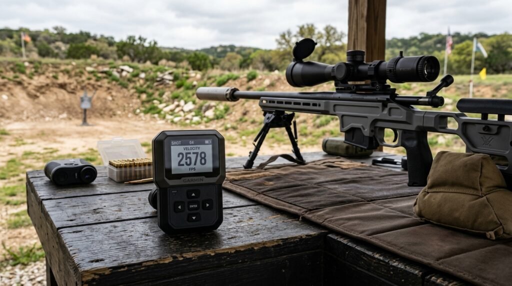 Garmin chronograph display showing bullet speed readings for suppressed .308 subsonic and supersonic ammunition