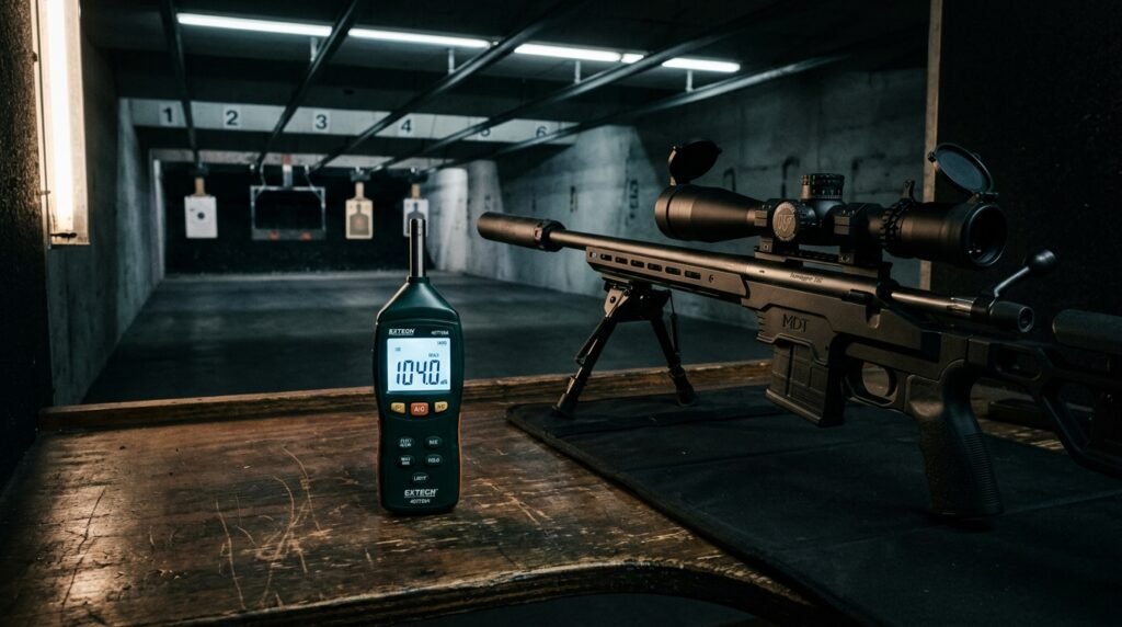 Decibel meter display showing reading next to a suppressed .308 precision rifle at an indoor shooting range