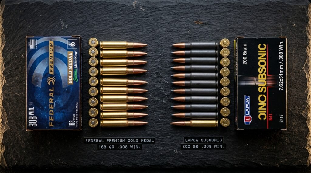 Federal Gold Medal 168gr supersonic and Lapua 200gr subsonic .308 ammunition side by side showing the two loads tested in the suppressed .308 test