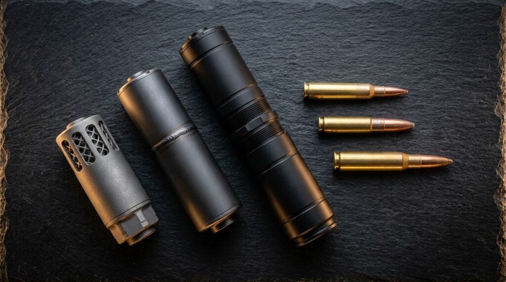 Multiple suppressors of different sizes and construction types laid out on a table next to various rifle caliber cartridges