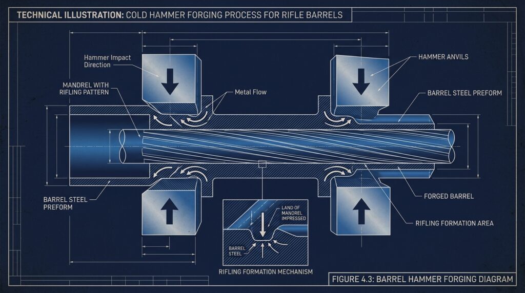 Technical diagram showing hammer anvils striking barrel exterior around a mandrel forming rifling