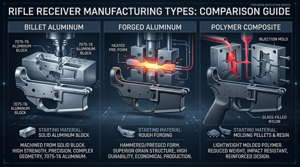 Comparison of three receiver types: billet machined from solid block, forged stamped form, and polymer molded receiver