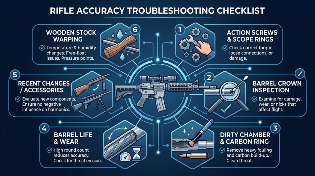 Illustrated 6-point troubleshooting checklist for rifle accuracy with icons for each check category