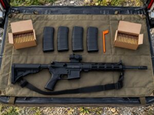 Gear for an AR-15 competition laid out: rifle with sling, magazines, chamber flag, and ammunition