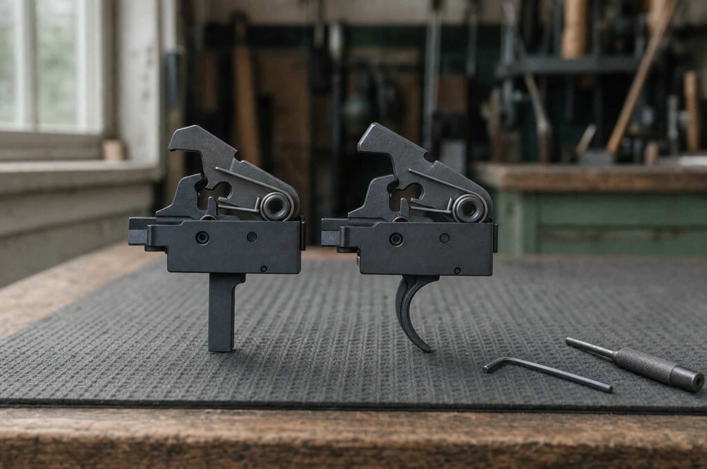 AR-15 lower receiver with its trigger installed beside a loose drop-in trigger group, single-stage vs two-stage trigger choices