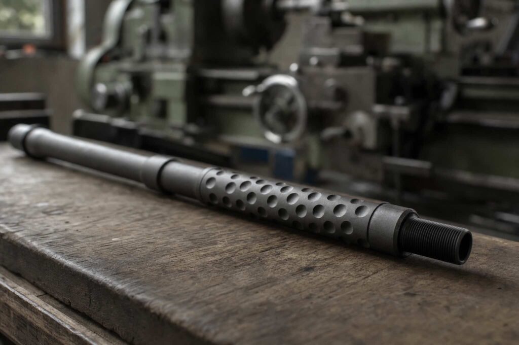 Dimpled heavy-contour 16-inch AR-15 barrel on a workbench