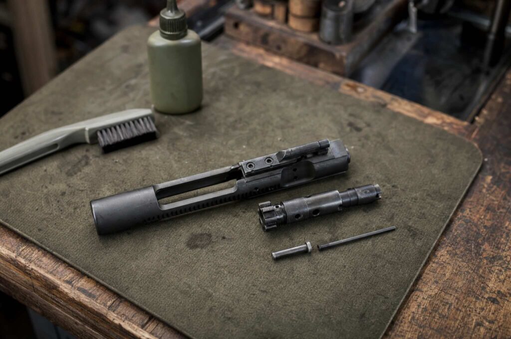 AR-15 bolt carrier group and bolt laid out on a bench mat