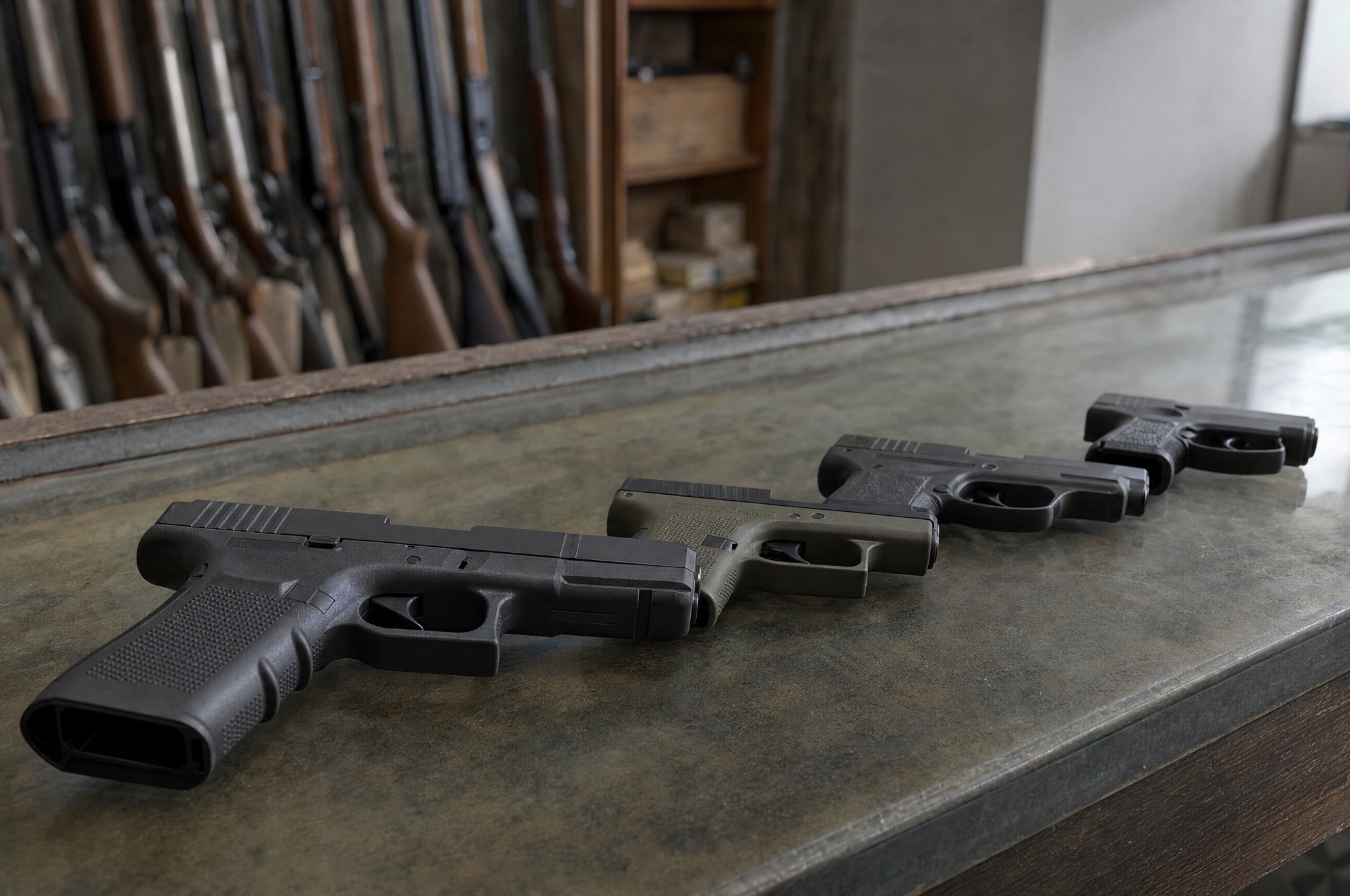 Several unbranded handguns laid out on a gun shop counter for someone buying their first gun