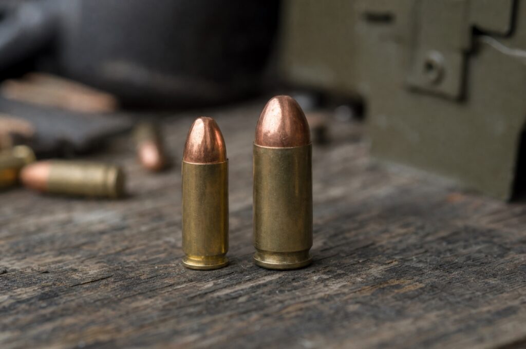 9mm and .45 ACP cartridges standing side by side on a wooden bench