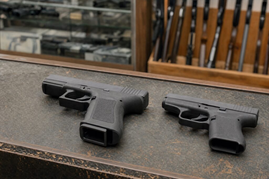 Two handguns with different grip sizes side by side on a gun store counter